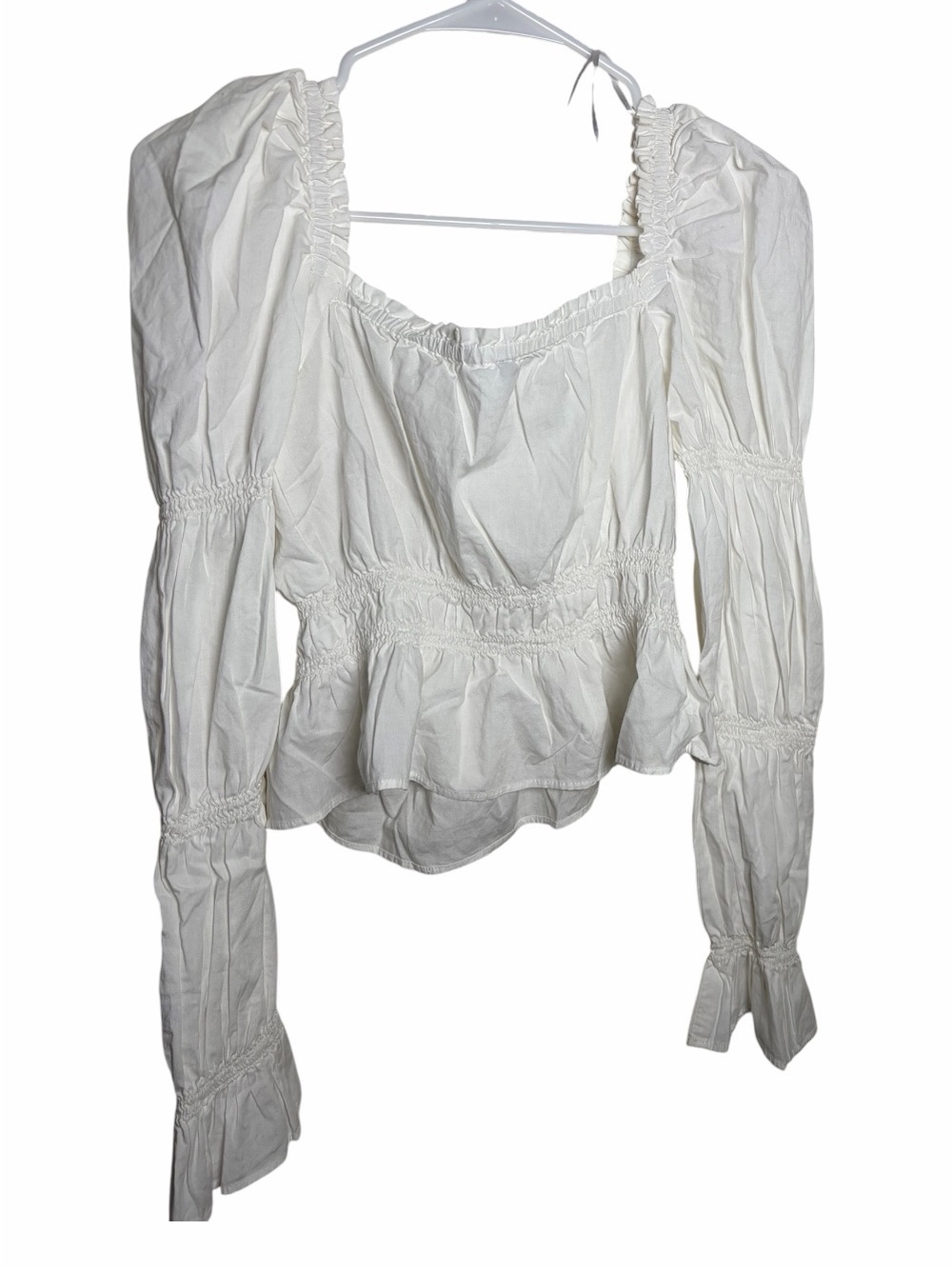 H&M White Ruched Square-Neck Peasant Blouse